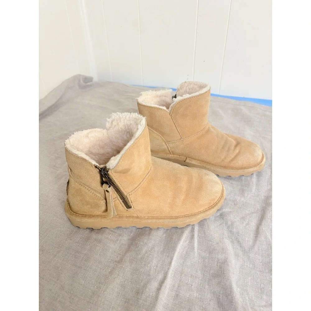 Bearpaw Women Tan Suede Ankle Boots Side Zip Wool Blend‎ Lining Size 7 26050802